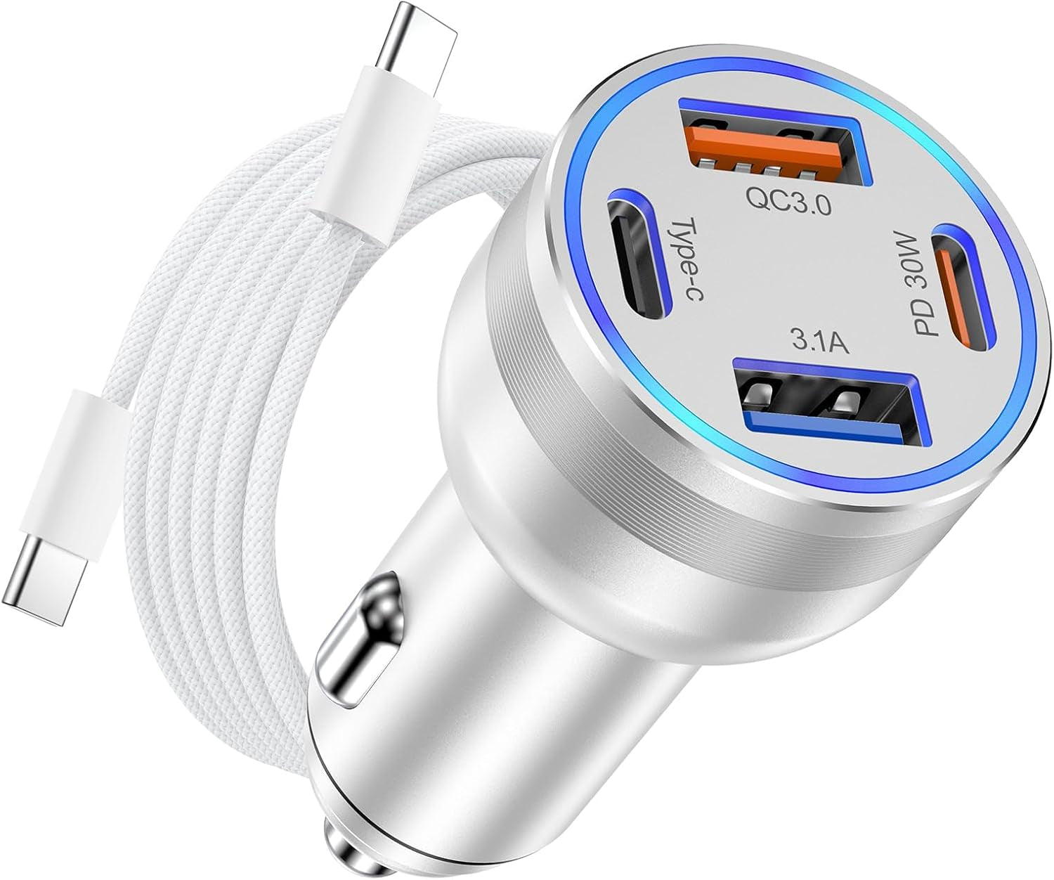 65W Iphone 15/16 Pro Max USB C Car Charger, 4-Port USB-C&USB-A Car Charger Adapter Fast Charging USB C Cigarette Lighter Adapter+6Ft Braided USB C Cable for Iphone 15/16/16 Plus/16 Pro/16 Pro Max,Ipad