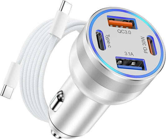 65W Iphone 15/16 Pro Max USB C Car Charger, 4-Port USB-C&USB-A Car Charger Adapter Fast Charging USB C Cigarette Lighter Adapter+6Ft Braided USB C Cable for Iphone 15/16/16 Plus/16 Pro/16 Pro Max,Ipad